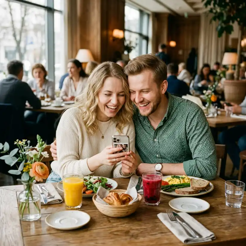 Para wspólnie oglądająca telefon przy posiłku w restauracji