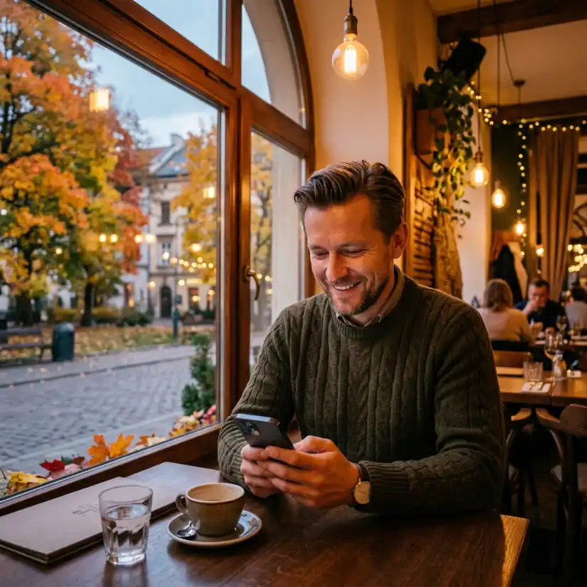 Mężczyzna korzystający z telefonu przy stoliku w kawiarni