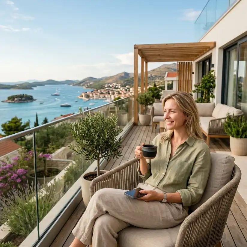 Kobieta z filiżanką i telefonem na tarasie z widokiem na morze