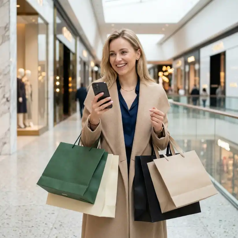 Kobieta z telefonem i torbami zakupowymi w galerii handlowej